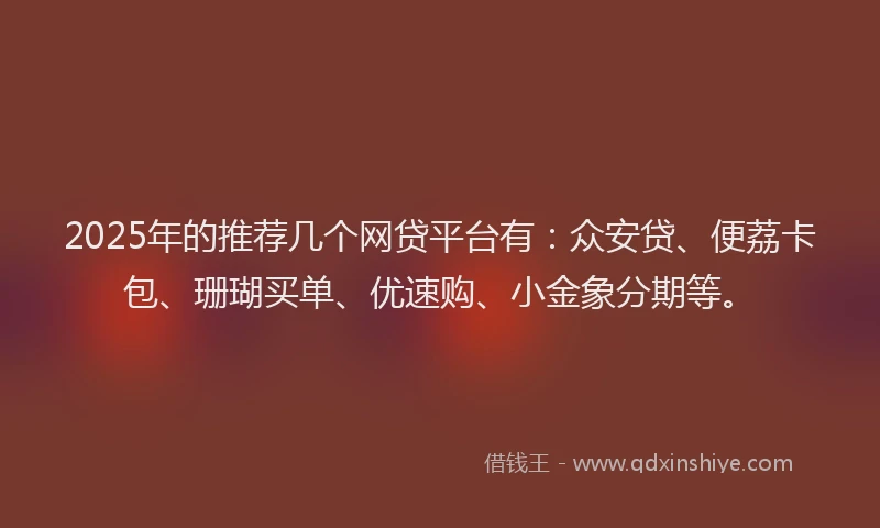 2025年的推荐几个网贷平台有：众安贷、便荔卡包、珊瑚买单、优速购、小金象分期等。