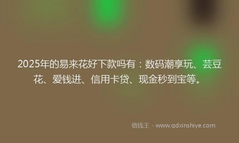 2025年的易来花好下款吗有:数码潮享玩、芸豆花、爱钱进、信用卡贷、现金秒到宝等。