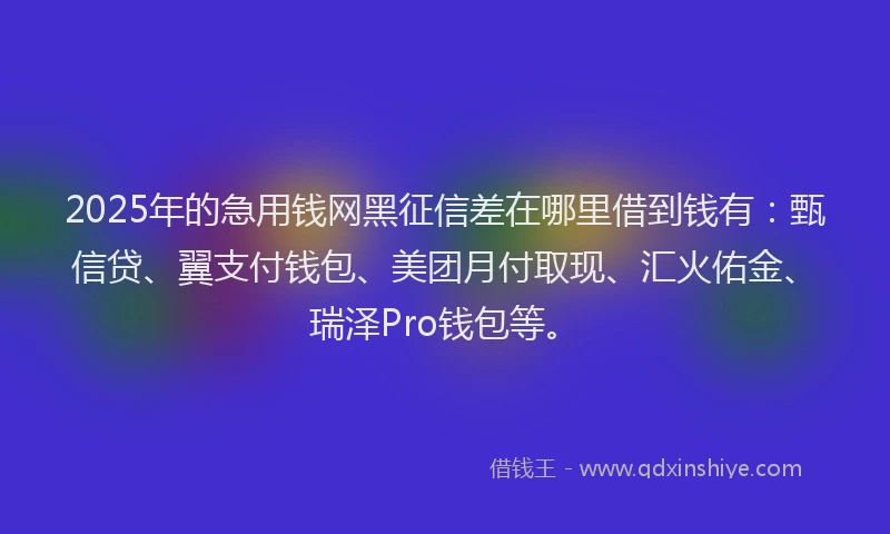 2025年的急用钱网黑征信差在哪里借到钱有：甄信贷、翼支付钱包、美团月付取现、汇火佑金、瑞泽Pro钱包等。