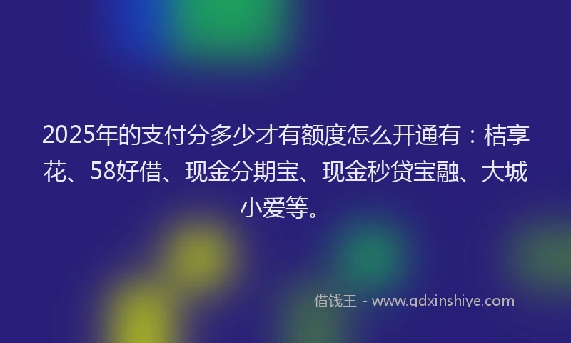 2025年的支付分多少才有额度怎么开通有：桔享花、58好借、现金分期宝、现金秒贷宝融、大城小爱等。