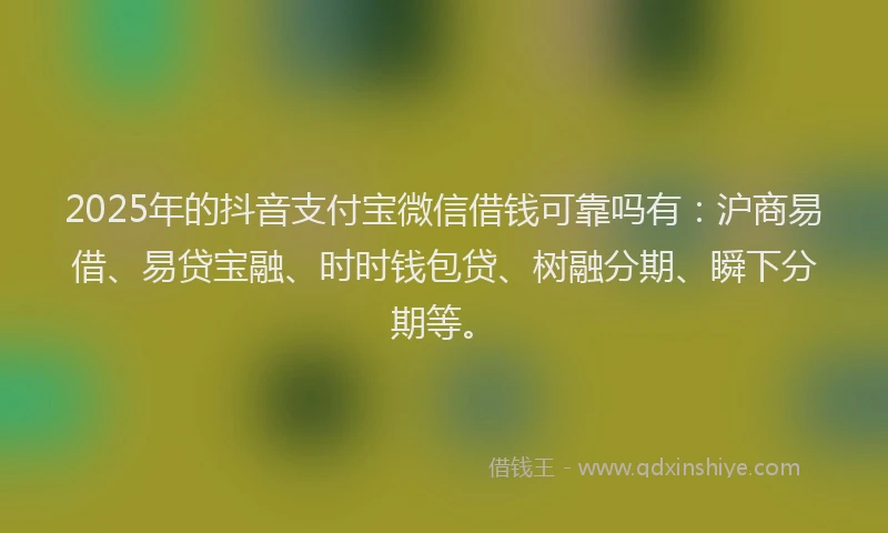 2025年的抖音支付宝微信借钱可靠吗有：沪商易借、易贷宝融、时时钱包贷、树融分期、瞬下分期等。