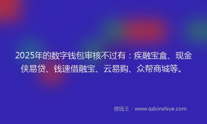 2025年的数字钱包审核不过有：疾融宝盒、现金侠易贷、钱速借融宝、云易购、众帮商城等。