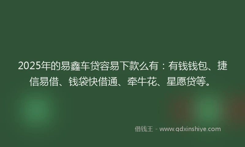 2025年的易鑫车贷容易下款么有：有钱钱包、捷信易借、钱袋快借通、牵牛花、星愿贷等。