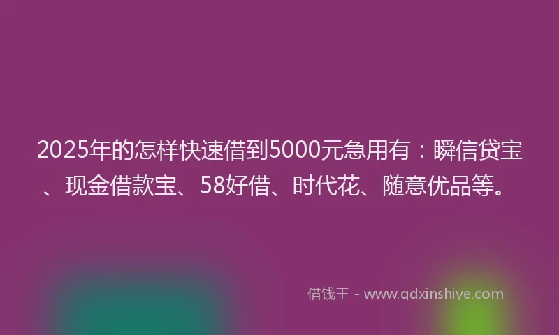 2025年的怎样快速借到5000元急用有：瞬信贷宝、现金借款宝、58好借、时代花、随意优品等。
