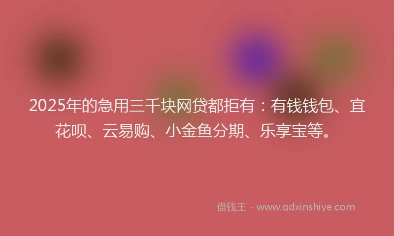 2025年的急用三千块网贷都拒有：有钱钱包、宜花呗、云易购、小金鱼分期、乐享宝等。