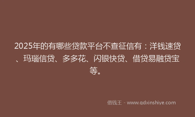 2025年的有哪些贷款平台不查征信有：洋钱速贷、玛瑙信贷、多多花、闪银快贷、借贷易融贷宝等。