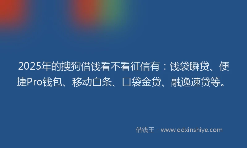 2025年的搜狗借钱看不看征信有：钱袋瞬贷、便捷Pro钱包、移动白条、口袋金贷、融逸速贷等。