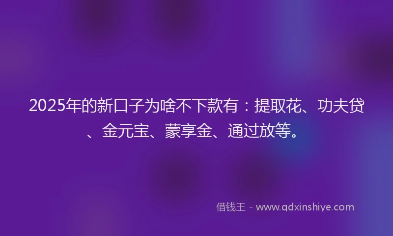 2025年的新口子为啥不下款有:提取花、功夫贷、金元宝、蒙享金、通过放等。