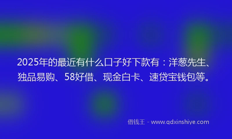2025年的最近有什么口子好下款有：洋葱先生、独品易购、58好借、现金白卡、速贷宝钱包等。