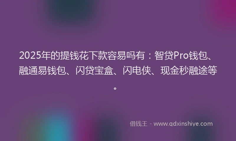 2025年的提钱花下款容易吗有：智贷Pro钱包、融通易钱包、闪贷宝盒、闪电侠、现金秒融途等。