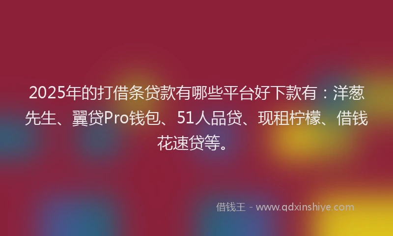 2025年的打借条贷款有哪些平台好下款有：洋葱先生、翼贷Pro钱包、51人品贷、现租柠檬、借钱花速贷等。