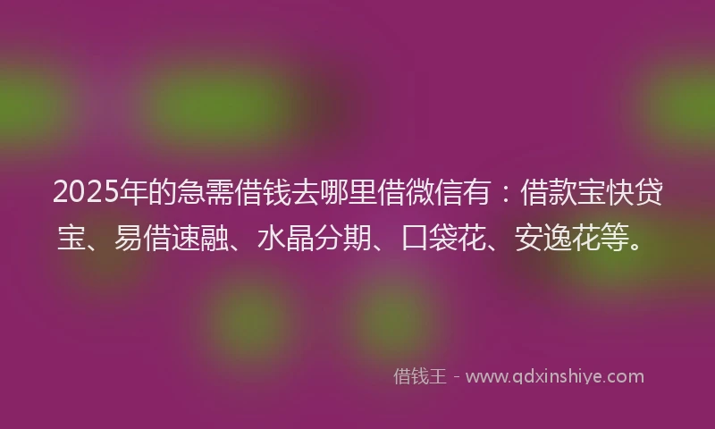 2025年的急需借钱去哪里借微信有：借款宝快贷宝、易借速融、水晶分期、口袋花、安逸花等。