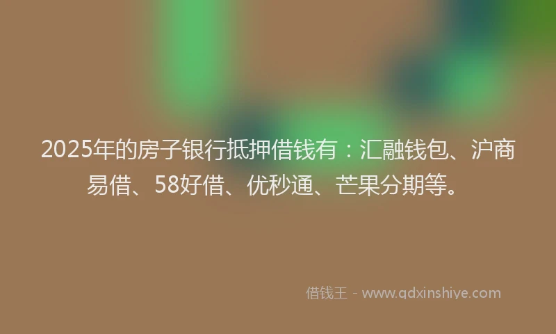2025年的房子银行抵押借钱有：汇融钱包、沪商易借、58好借、优秒通、芒果分期等。