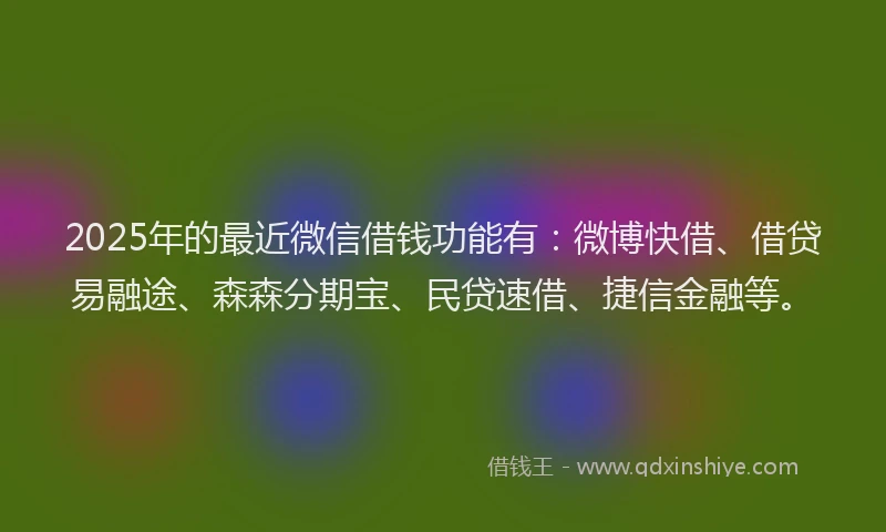 2025年的最近微信借钱功能有：微博快借、借贷易融途、森森分期宝、民贷速借、捷信金融等。