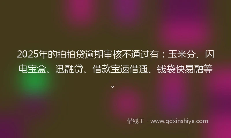 2025年的拍拍贷逾期审核不通过有：玉米分、闪电宝盒、迅融贷、借款宝速借通、钱袋快易融等。