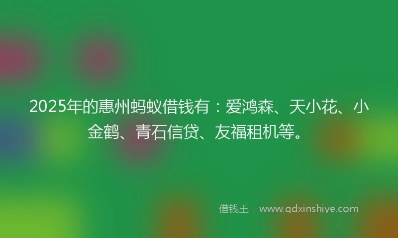 2025年的惠州蚂蚁借钱有：爱鸿森、天小花、小金鹤、青石信贷、友福租机等。