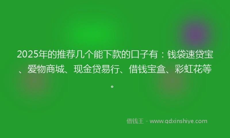 2025年的推荐几个能下款的口子有：钱袋速贷宝、爱物商城、现金贷易行、借钱宝盒、彩虹花等。