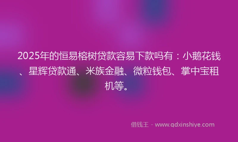 2025年的恒易榕树贷款容易下款吗有：小鹅花钱、星辉贷款通、米族金融、微粒钱包、掌中宝租机等。