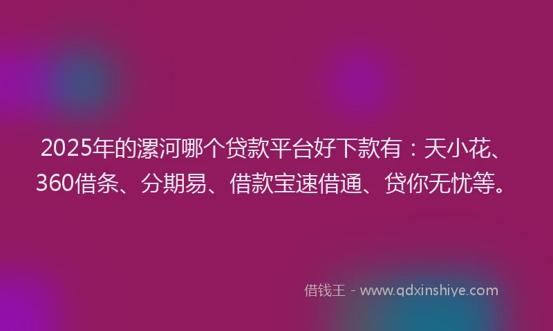 2025年的漯河哪个贷款平台好下款有：天小花、360借条、分期易、借款宝速借通、贷你无忧等。