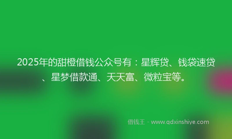 2025年的甜橙借钱公众号有：星辉贷、钱袋速贷、星梦借款通、天天富、微粒宝等。