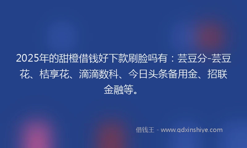 2025年的甜橙借钱好下款刷脸吗有：芸豆分-芸豆花、桔享花、滴滴数科、今日头条备用金、招联金融等。