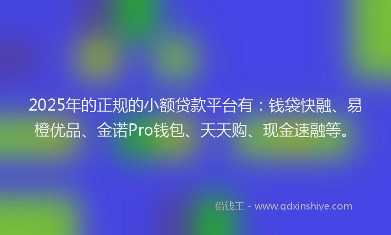 2025年的正规的小额贷款平台有：钱袋快融、易橙优品、金诺Pro钱包、天天购、现金速融等。