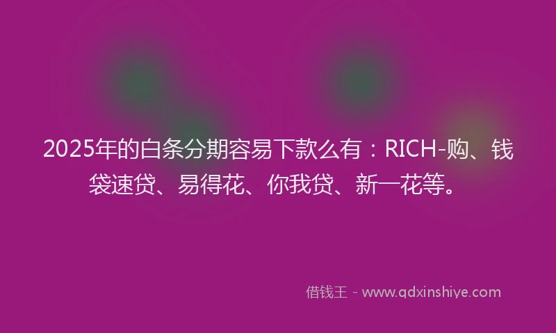 2025年的白条分期容易下款么有：RICH-购、钱袋速贷、易得花、你我贷、新一花等。