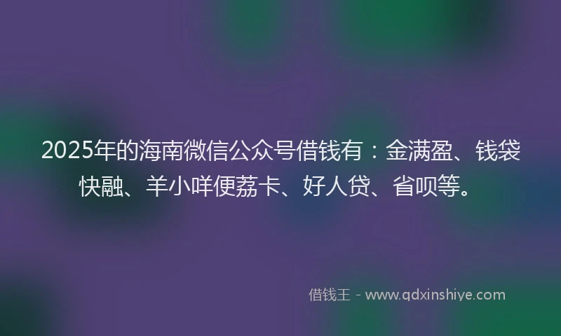 2025年的海南微信公众号借钱有：金满盈、钱袋快融、羊小咩便荔卡、好人贷、省呗等。
