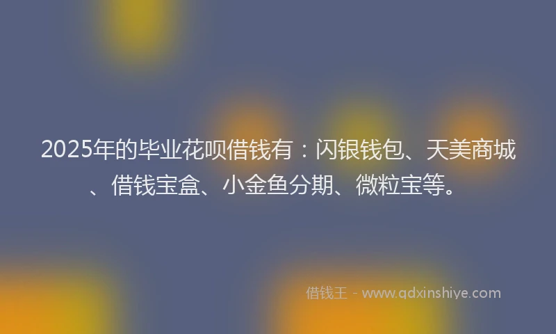 2025年的毕业花呗借钱有：闪银钱包、天美商城、借钱宝盒、小金鱼分期、微粒宝等。