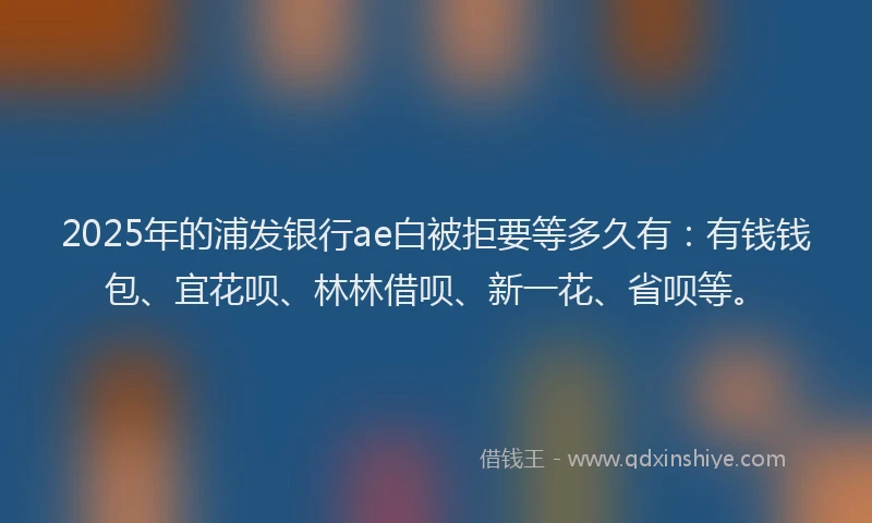 2025年的浦发银行ae白被拒要等多久有：有钱钱包、宜花呗、林林借呗、新一花、省呗等。