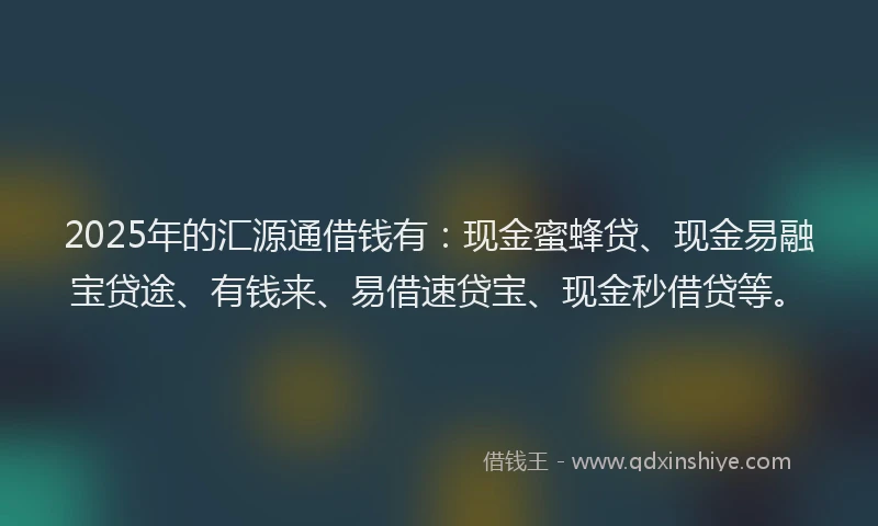 2025年的汇源通借钱有：现金蜜蜂贷、现金易融宝贷途、有钱来、易借速贷宝、现金秒借贷等。