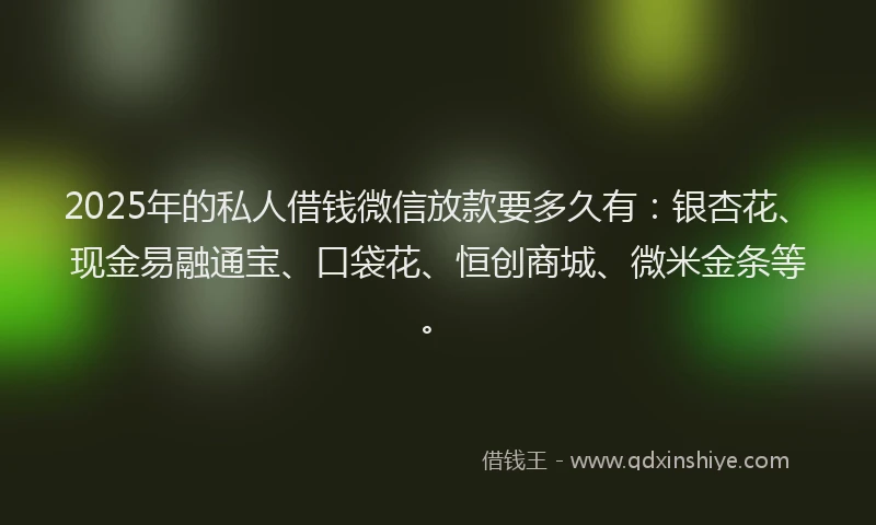 2025年的私人借钱微信放款要多久有：银杏花、现金易融通宝、口袋花、恒创商城、微米金条等。