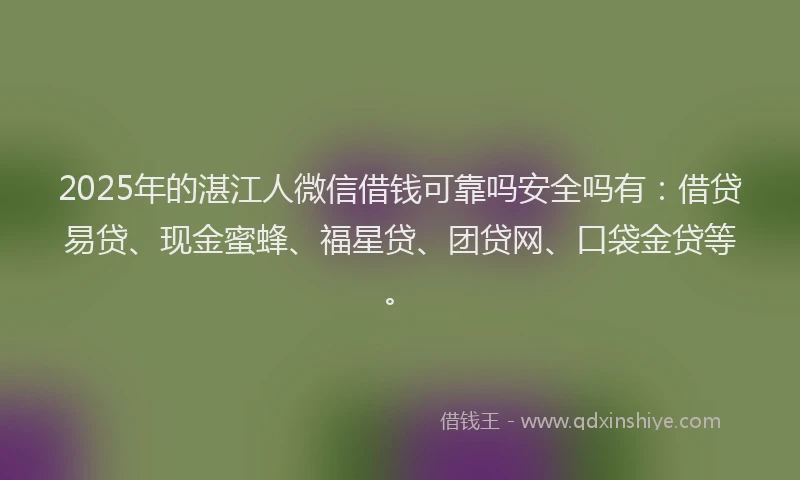 2025年的湛江人微信借钱可靠吗安全吗有：借贷易贷、现金蜜蜂、福星贷、团贷网、口袋金贷等。