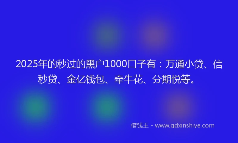2025年的秒过的黑户1000口子有：万通小贷、信秒贷、金亿钱包、牵牛花、分期悦等。