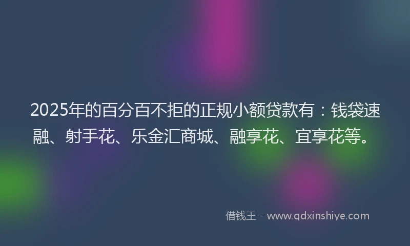 2025年的百分百不拒的正规小额贷款有：钱袋速融、射手花、乐金汇商城、融享花、宜享花等。