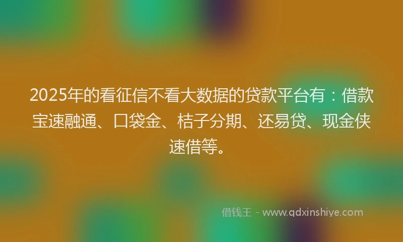 2025年的看征信不看大数据的贷款平台有：借款宝速融通、口袋金、桔子分期、还易贷、现金侠速借等。