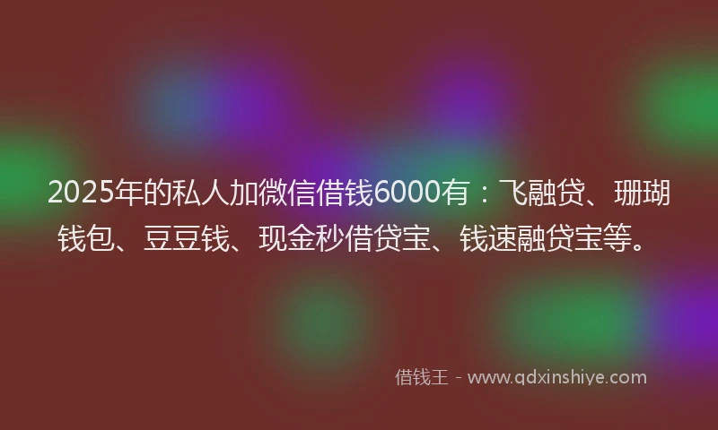 2025年的私人加微信借钱6000有：飞融贷、珊瑚钱包、豆豆钱、现金秒借贷宝、钱速融贷宝等。