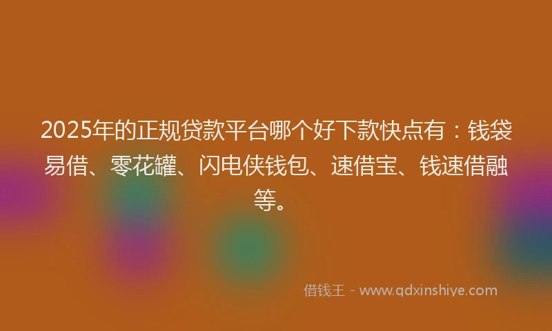 2025年的正规贷款平台哪个好下款快点有：钱袋易借、零花罐、闪电侠钱包、速借宝、钱速借融等。