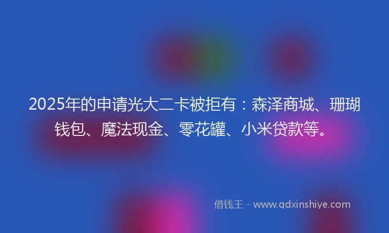 2025年的申请光大二卡被拒有：森泽商城、珊瑚钱包、魔法现金、零花罐、小米贷款等。