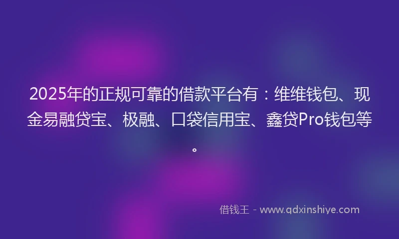 2025年的正规可靠的借款平台有：维维钱包、现金易融贷宝、极融、口袋信用宝、鑫贷Pro钱包等。
