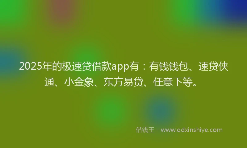 2025年的极速贷借款app有：有钱钱包、速贷侠通、小金象、东方易贷、任意下等。