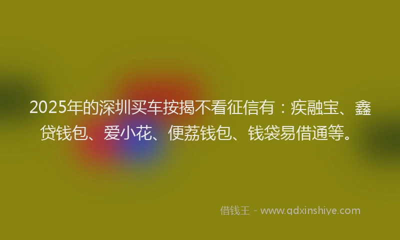 2025年的深圳买车按揭不看征信有：疾融宝、鑫贷钱包、爱小花、便荔钱包、钱袋易借通等。