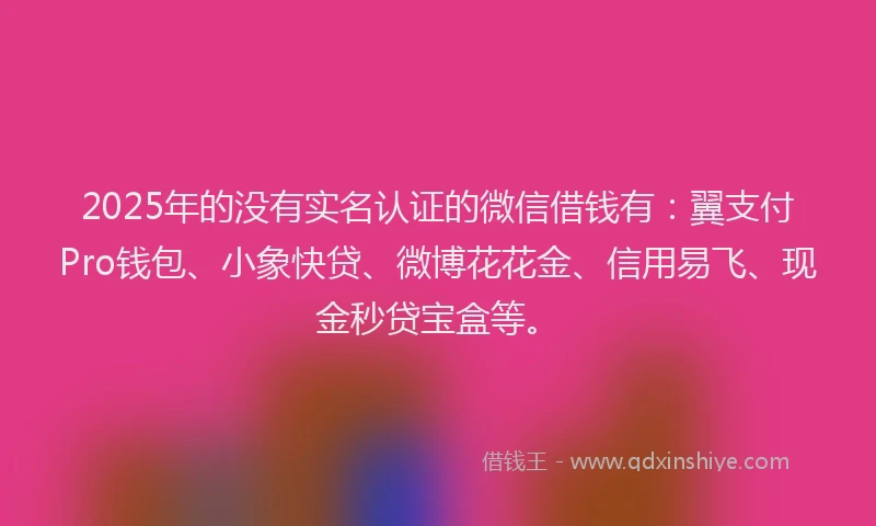 2025年的没有实名认证的微信借钱有：翼支付Pro钱包、小象快贷、微博花花金、信用易飞、现金秒贷宝盒等。