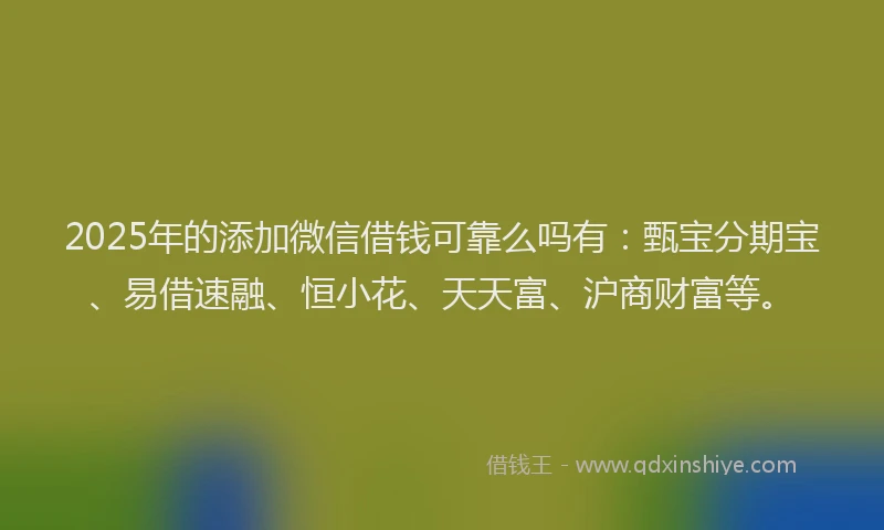 2025年的添加微信借钱可靠么吗有：甄宝分期宝、易借速融、恒小花、天天富、沪商财富等。
