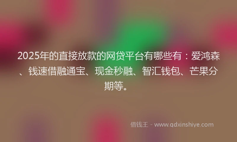 2025年的直接放款的网贷平台有哪些有：爱鸿森、钱速借融通宝、现金秒融、智汇钱包、芒果分期等。