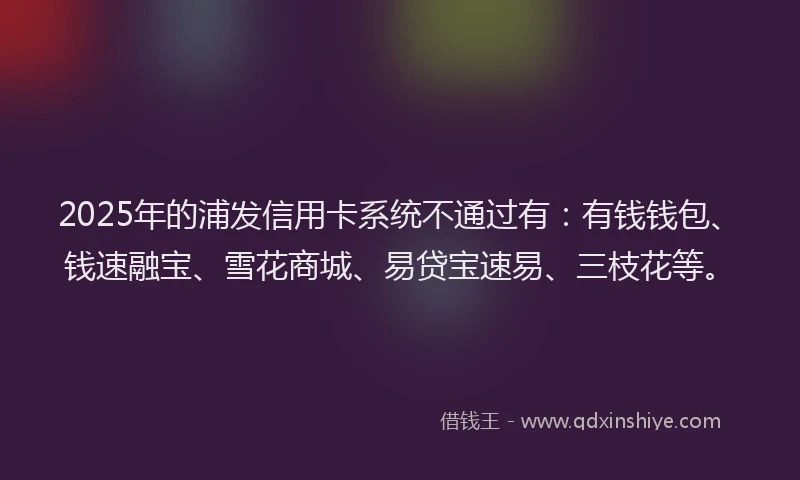 2025年的浦发信用卡系统不通过有：有钱钱包、钱速融宝、雪花商城、易贷宝速易、三枝花等。