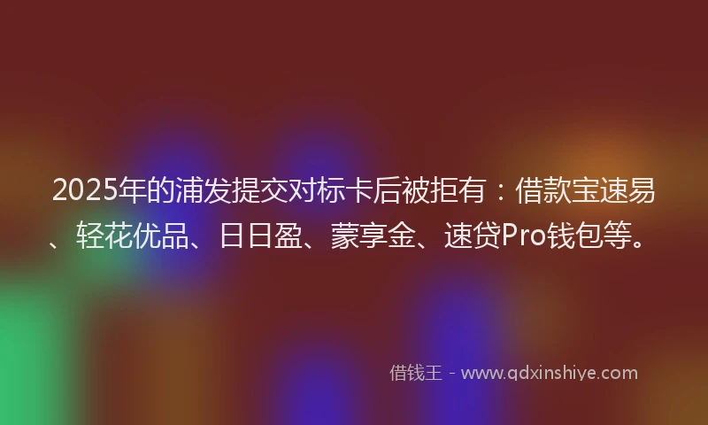 2025年的浦发提交对标卡后被拒有：借款宝速易、轻花优品、日日盈、蒙享金、速贷Pro钱包等。