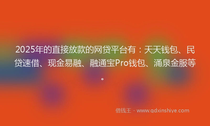 2025年的直接放款的网贷平台有：天天钱包、民贷速借、现金易融、融通宝Pro钱包、涌泉金服等。