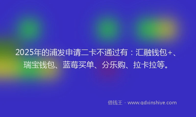 2025年的浦发申请二卡不通过有：汇融钱包+、瑞宝钱包、蓝莓买单、分乐购、拉卡拉等。