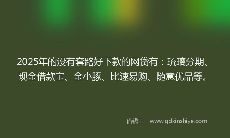 2025年的没有套路好下款的网贷有：琉璃分期、现金借款宝、金小豚、比速易购、随意优品等。